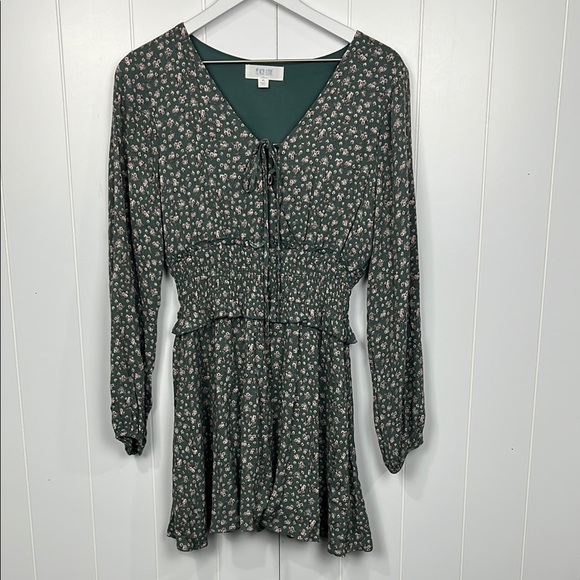 Peach Love Womens Dress M Olive Green Pink Floral Print Smock Waist Pullover EUC - Picture 1 of 15